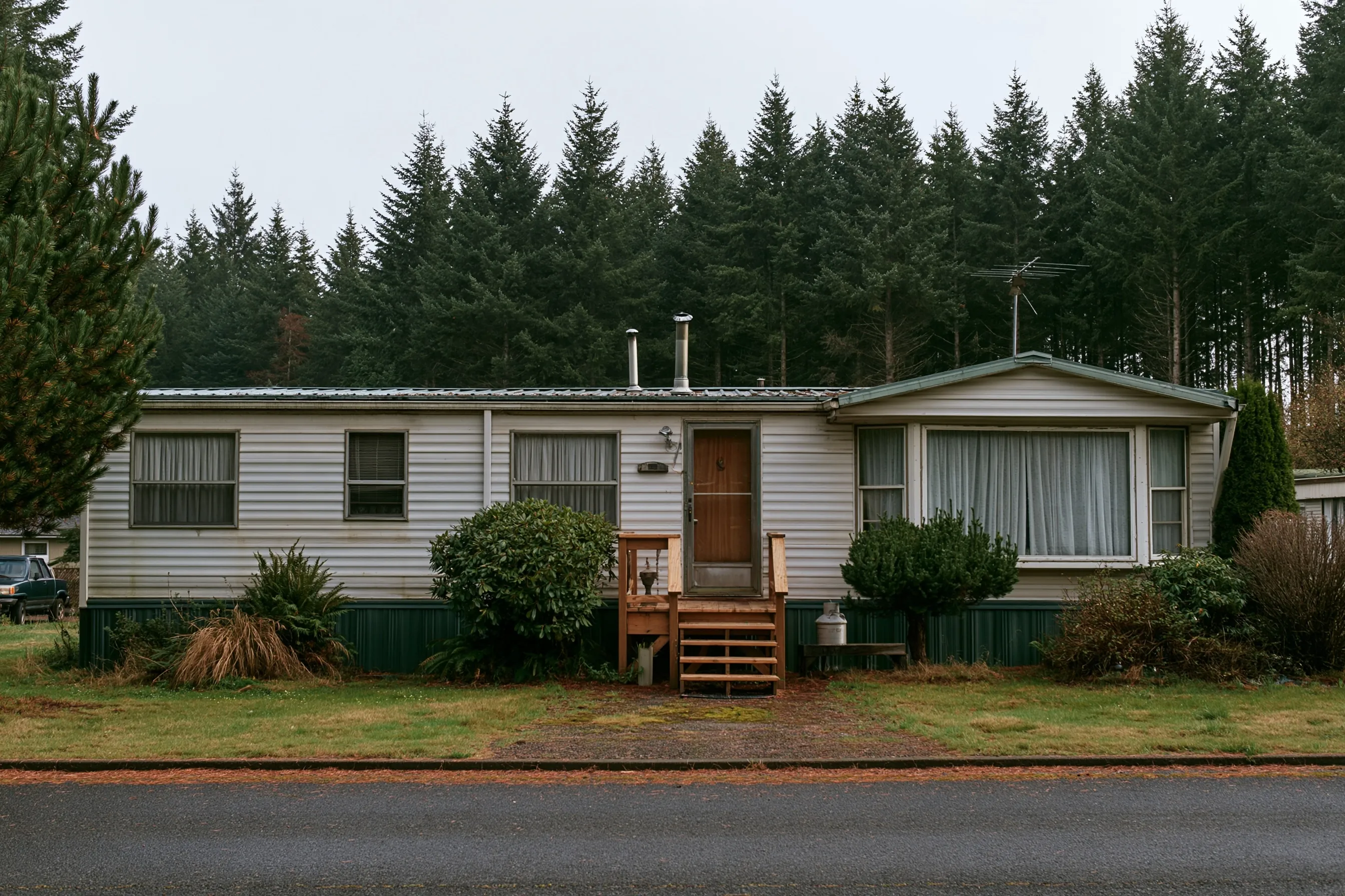 Older single-wide manufactured home with metal siding, skirting and small porch steps, fir trees behind under an overcast sky